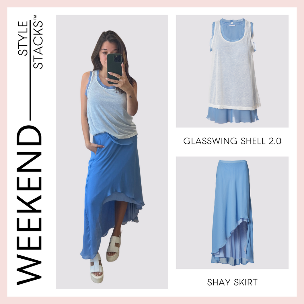  style stacks weekend by inlarkin featuring the glasswing shell 2.0 in perry blue and the shay skirt in perry blue