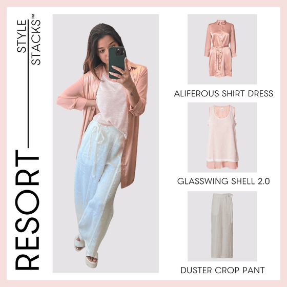 The style stacks resort by inlarkin image showing the aliferous shirt in coral, the glasswing shell 2.0 in coral paired with the duster crop pant in white