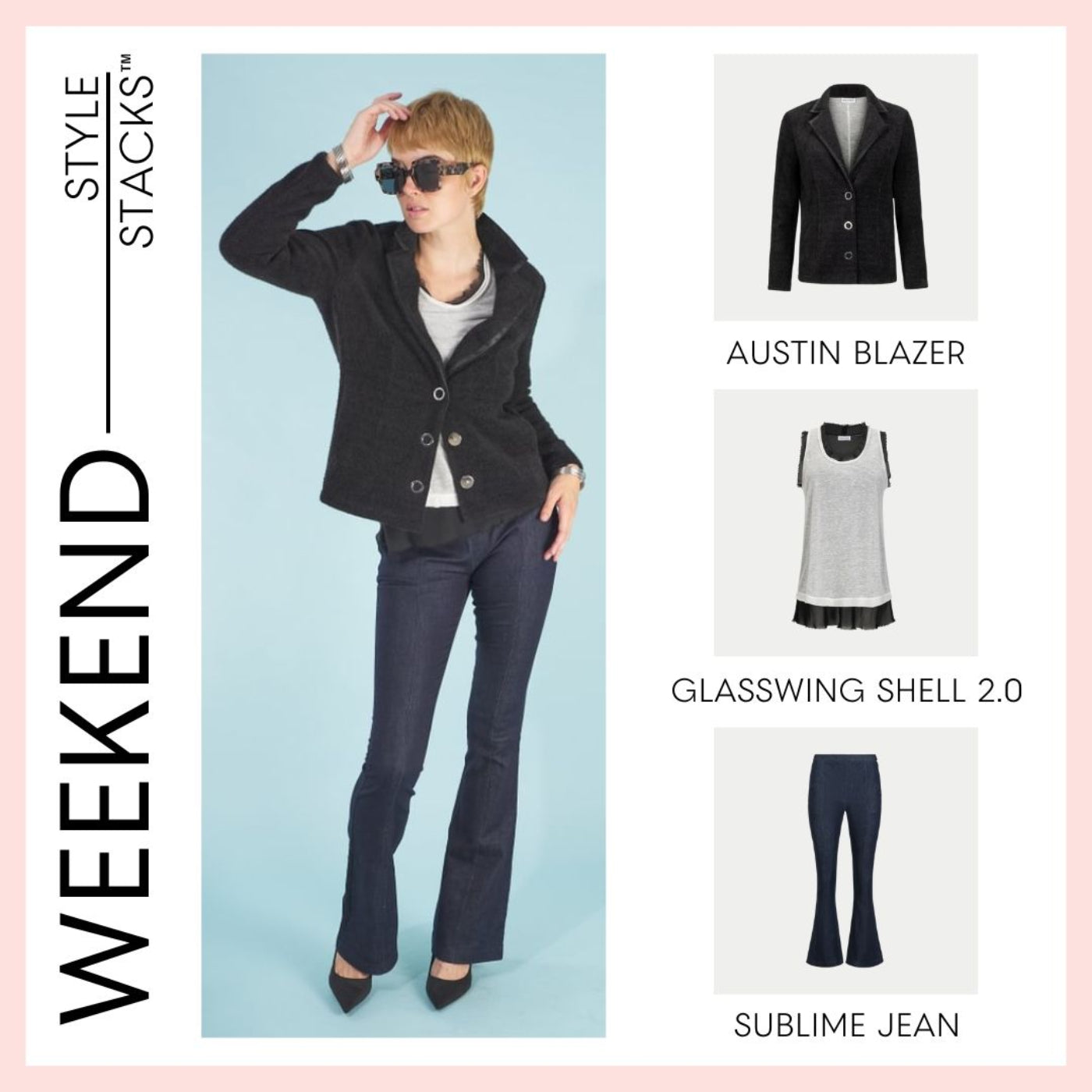 style stacks weekend by inlarkin featuring the austin blazer, glasswing shell 2.0 and sublime jean