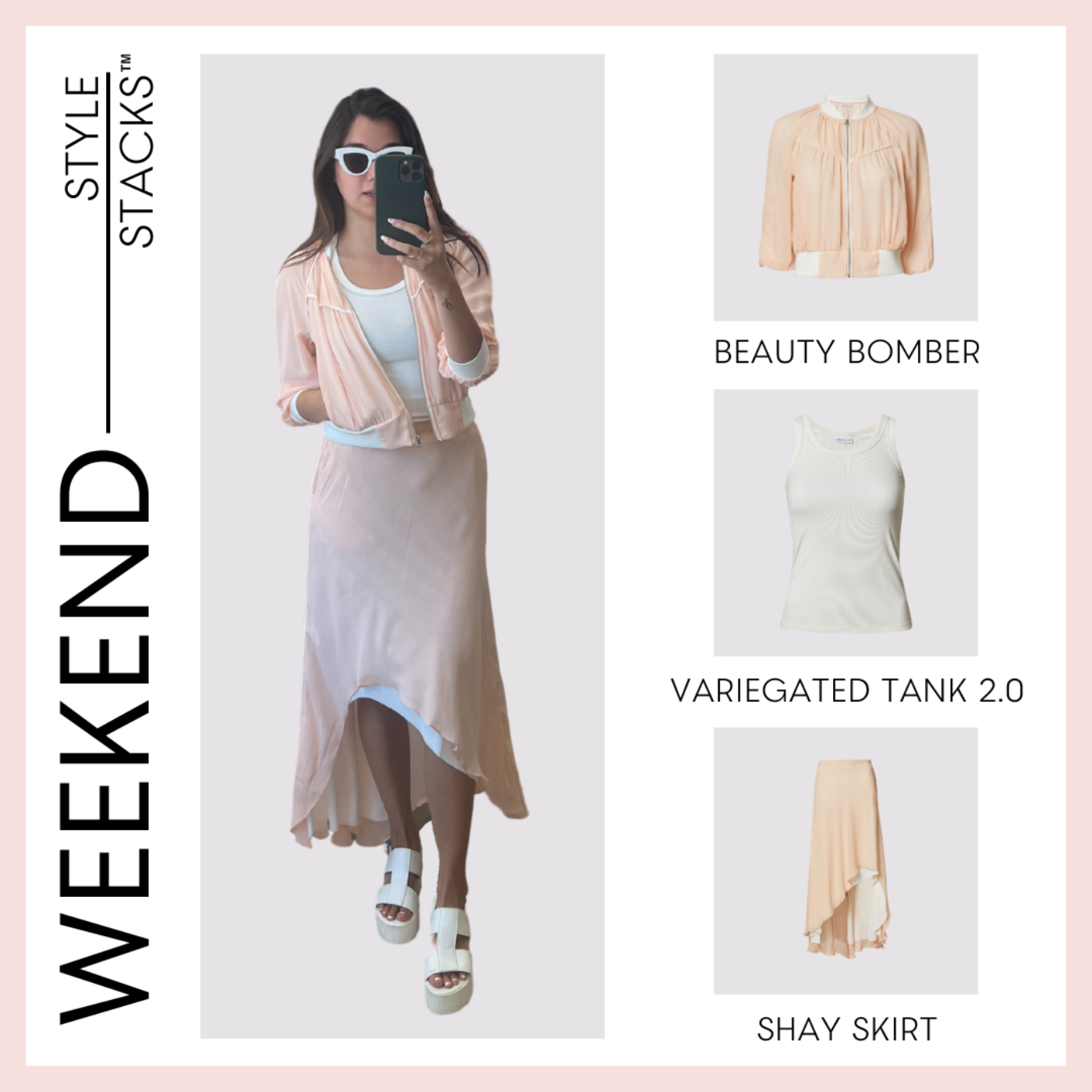 style stacks weekend image by inlarkin featuring the beauty bomber in coral variegated tank 2.0 in white and shay skirt in coral