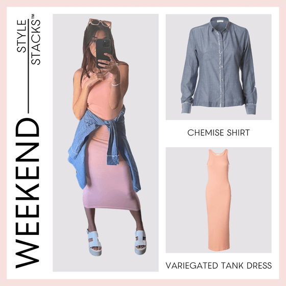 the style stacks weekend by inlarkin image showing the chemise shirt in blue paired with the variegated tank dress in coral