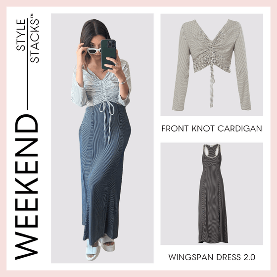 the style stacks weekend by inlarkin image showing the front knot cardigan in white paired with the wingspan dress 2.0 in black stripe