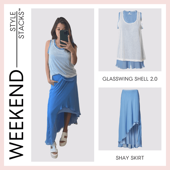 The style stacks weekend by inlarkin image showing the glasswing shell 2.0 in perry blue paired with the shay skirt in perry blue