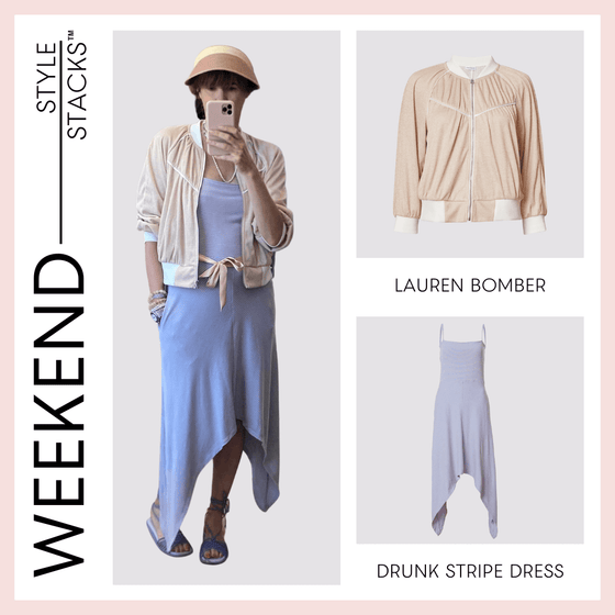 The style stacks weekend by inlarkin image showing the lauren bomber in coral paired with the drunk stripe dress in lilac