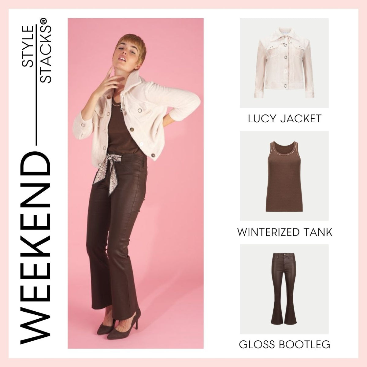 the style stacks weekend by inlarkin featuring the lucy jacket, winterized tank and gloss bootleg
