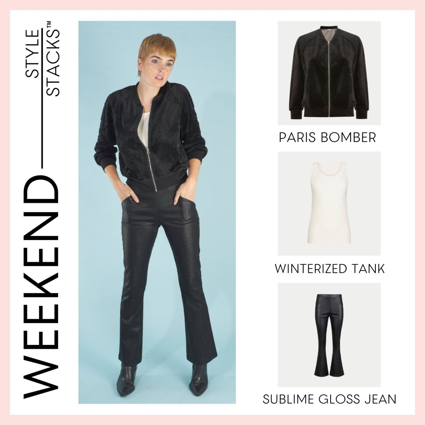 the style stacks weekend by inlarkin with the paris bomber in black, winterized tank in white and sublime gloss jean in black