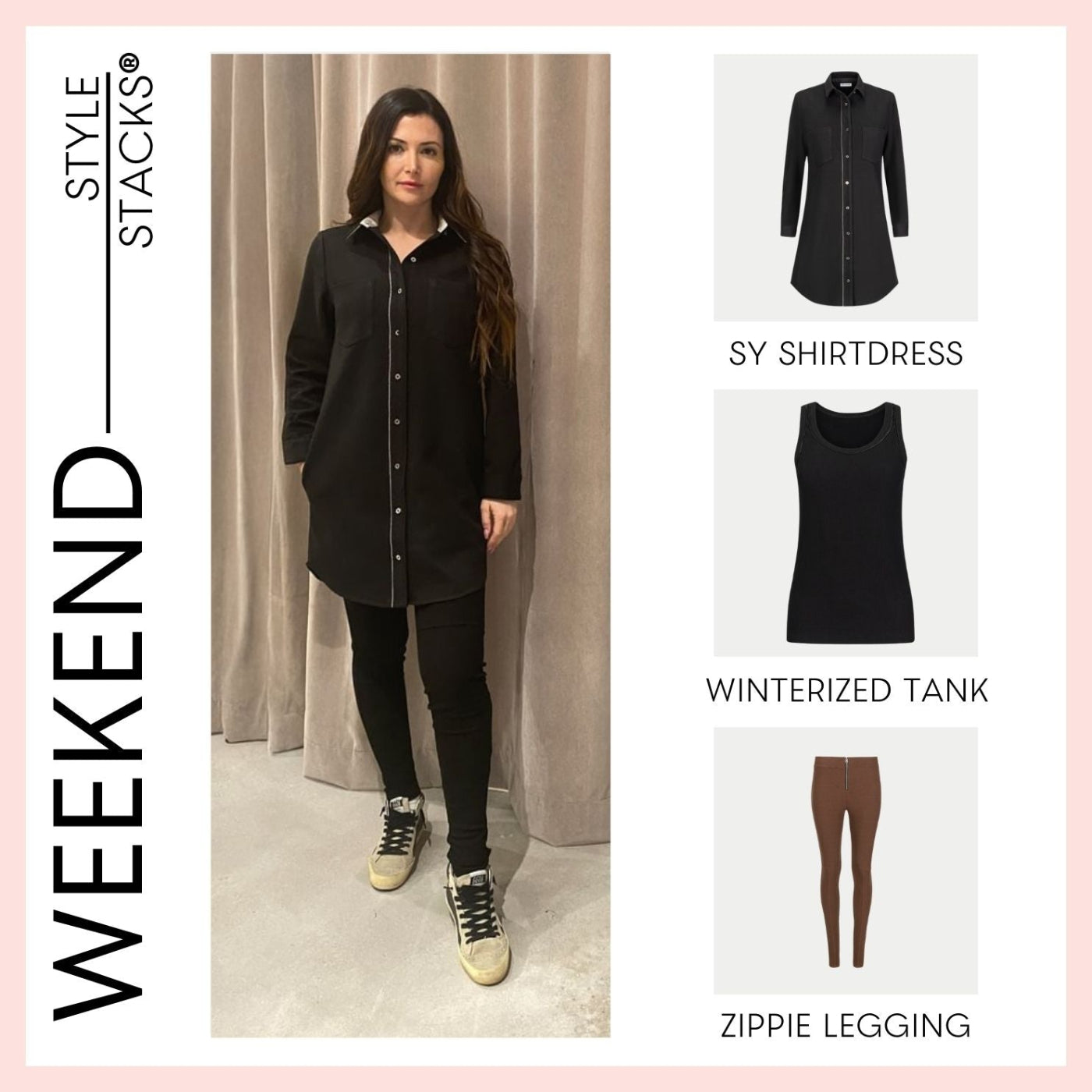 the style stacks weekend by inlarkin featuring the sy shirtdress, winterized tank and zippie legging