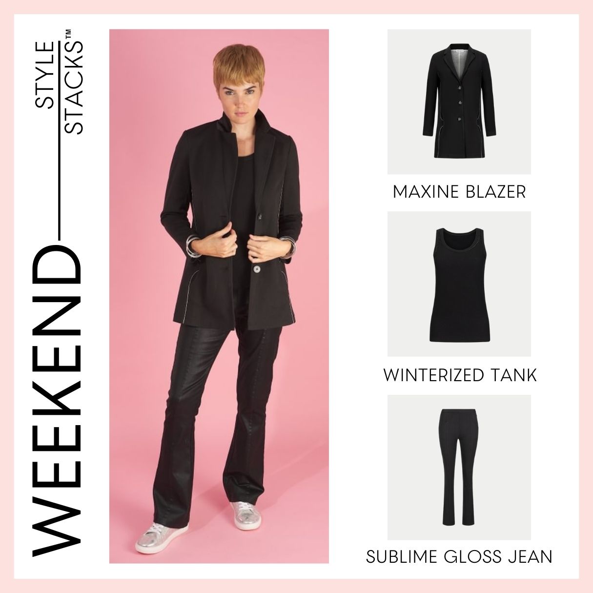 the style stacks weekend by inlarkin featuring the maxine blazer, winterized tank and sublime gloss jean