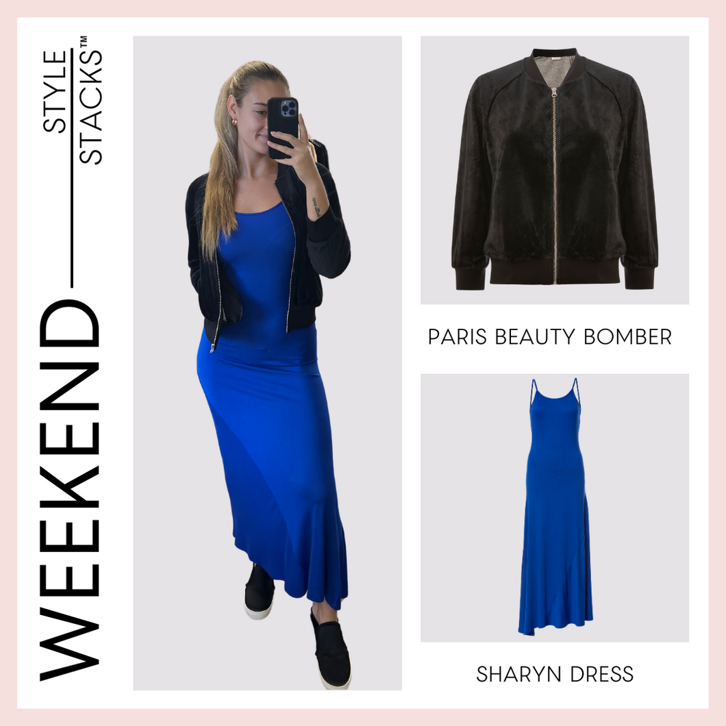  style stacks weekend image by inlarkin featuring the paris beauty bomber in black and sharyn dress in blue