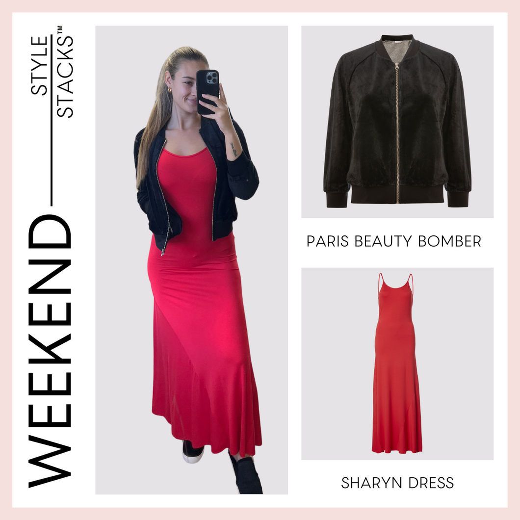  style stacks weekend image by inlarkin featuring the paris beauty bomber in black and sharyn dress in red