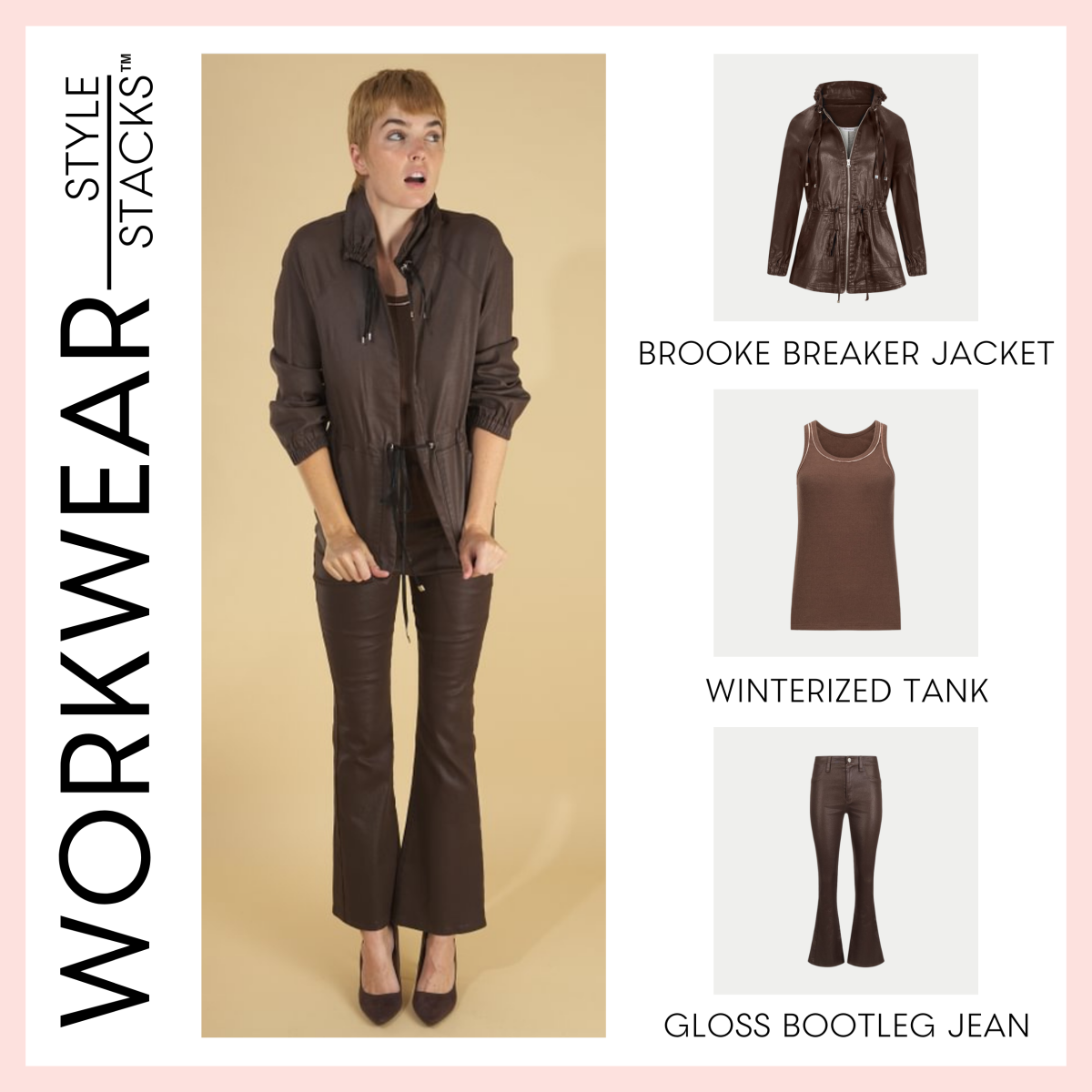 style stacks workwear by inlarkin featuring the brooke breaker jacket in chocolate, winterized tank in chocolate and the gloss bootleg in chocolate