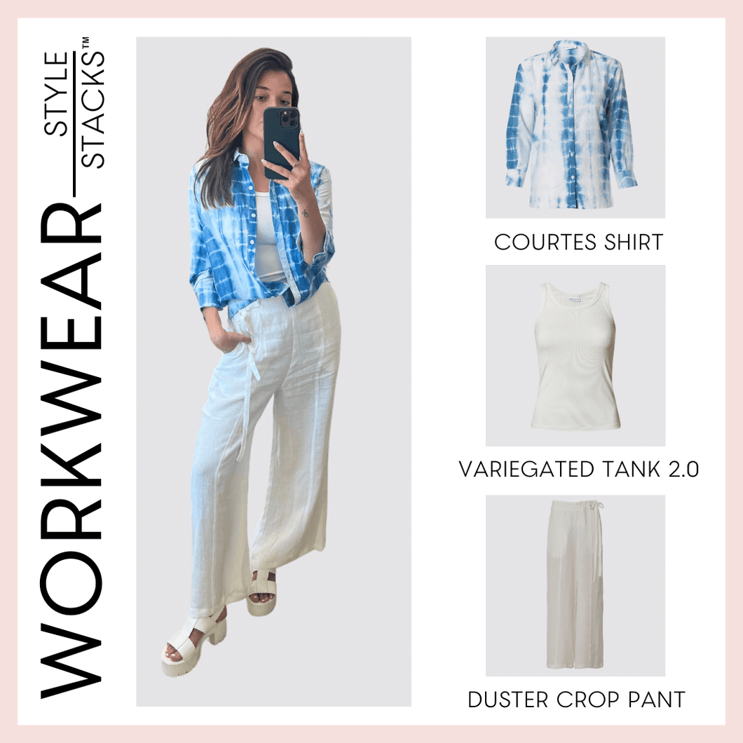  The style stacks workwear by inlarkin image featuring the courtes shirt, variegated tank 2.0 and duster crop pant