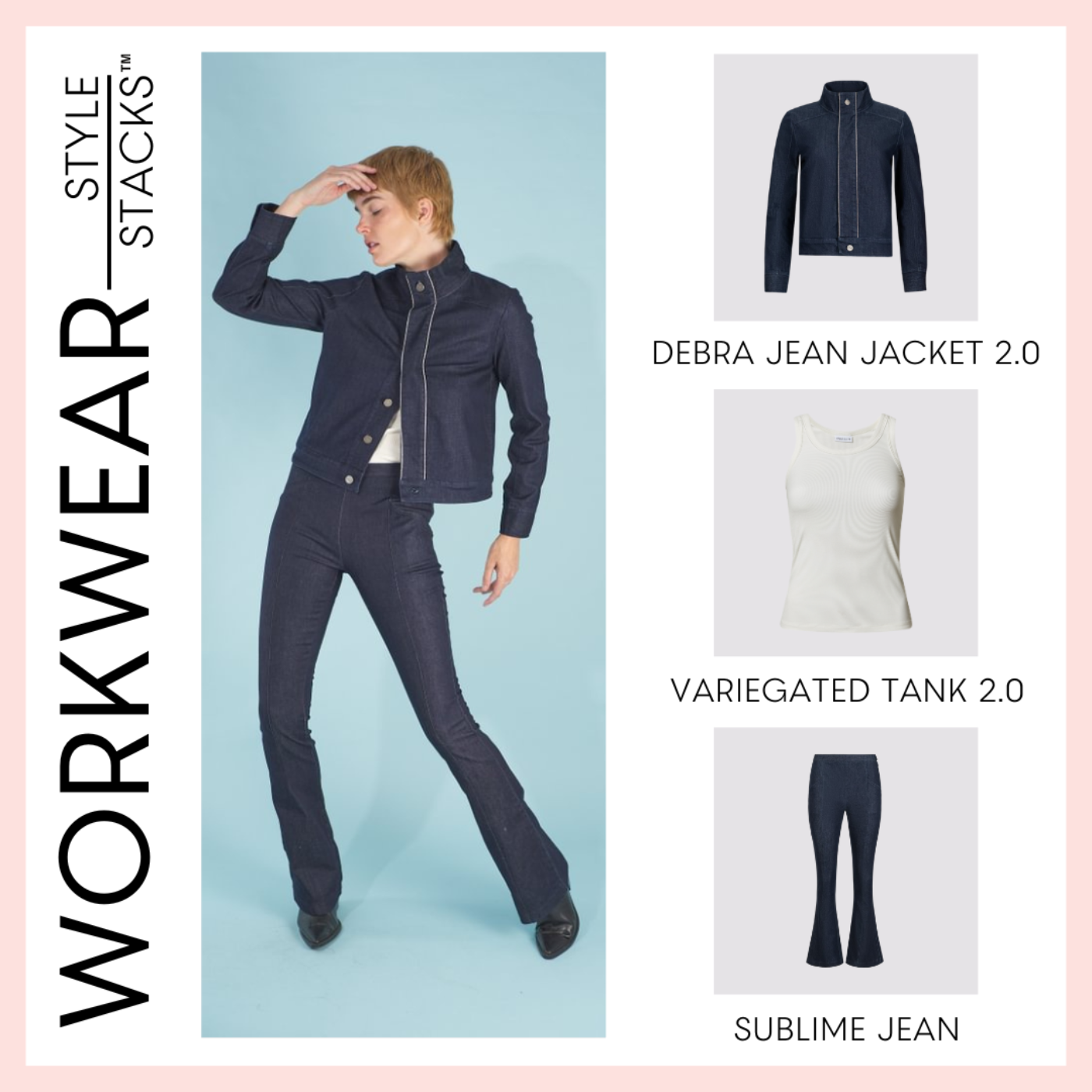 the style stacks workwear by inlarkin featuring the debra jean jacket 2.0, variegated tank 2.0 and sublime jean
