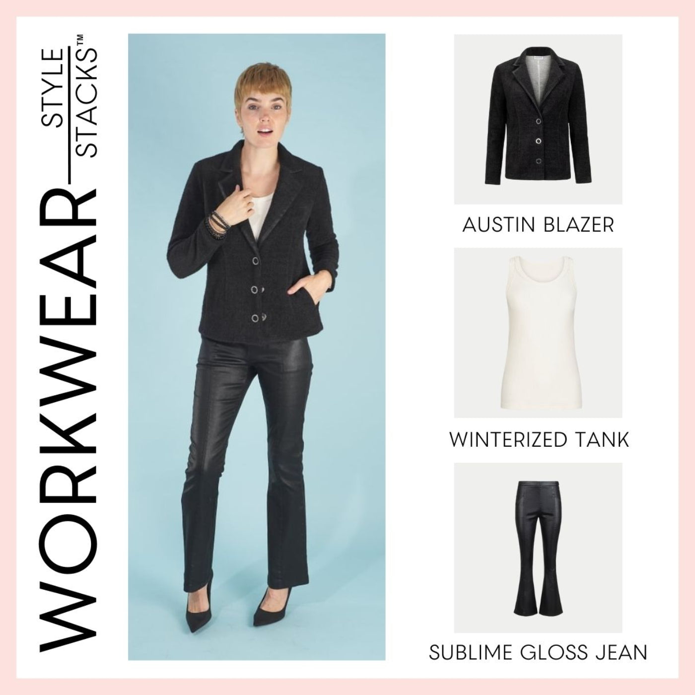the style stacks workwear by inlarkin featuring the austin blazer, winterized tank and sublime gloss jean