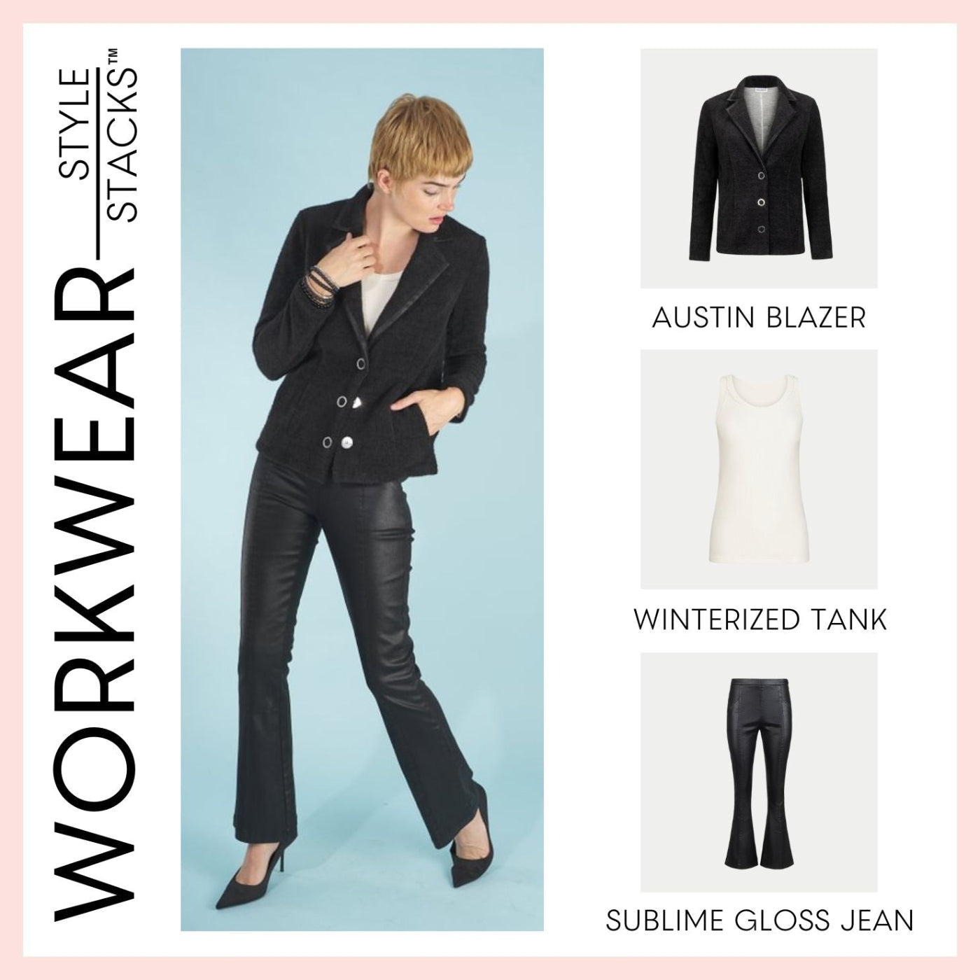 style stacks workwear by inlarkin featuring the austin blazer, winterized tank and sublime gloss jean