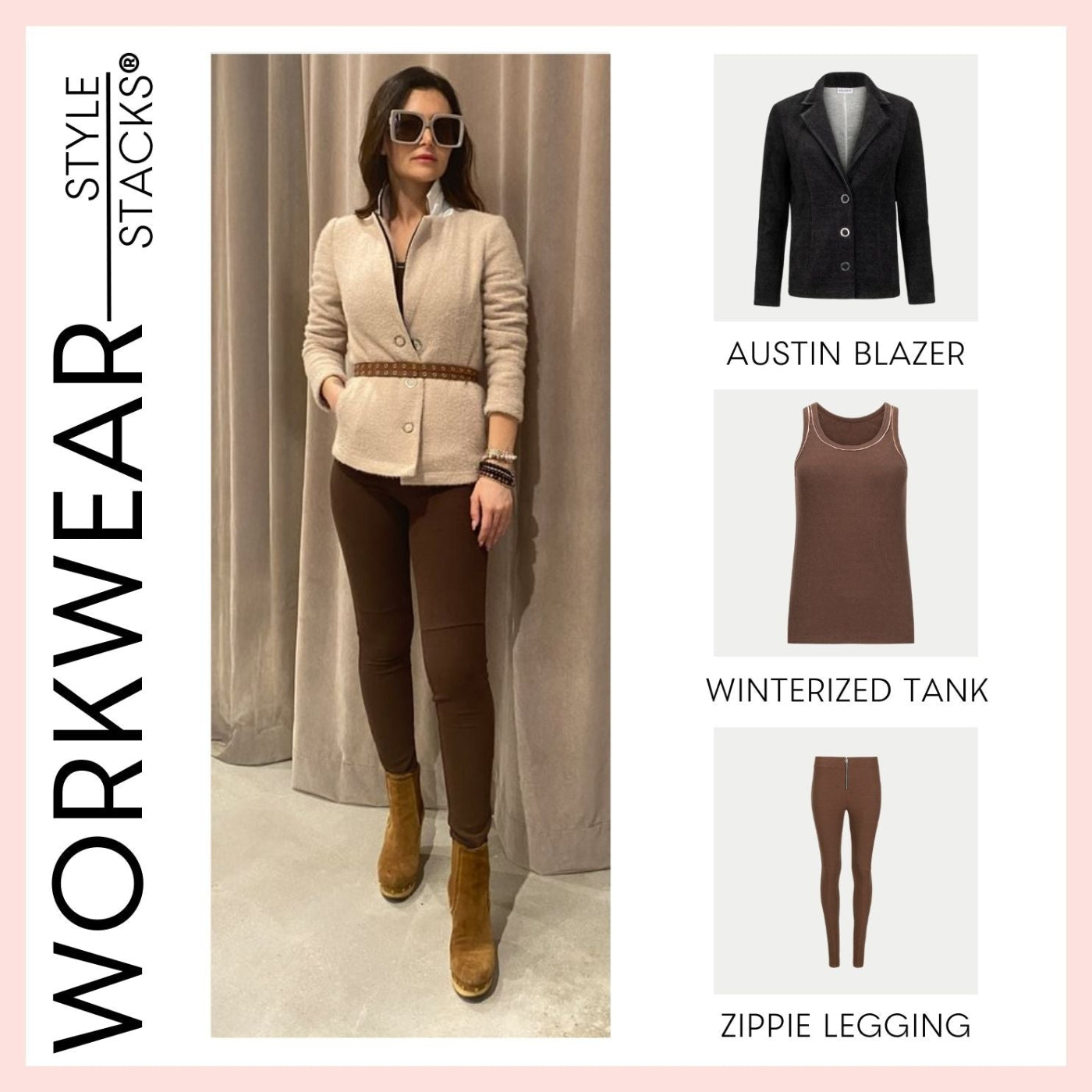 the style stacks workwear by inlarkin featuring the austin blazer in oat, winterized tank in chocolate and zippie legging in chocolate