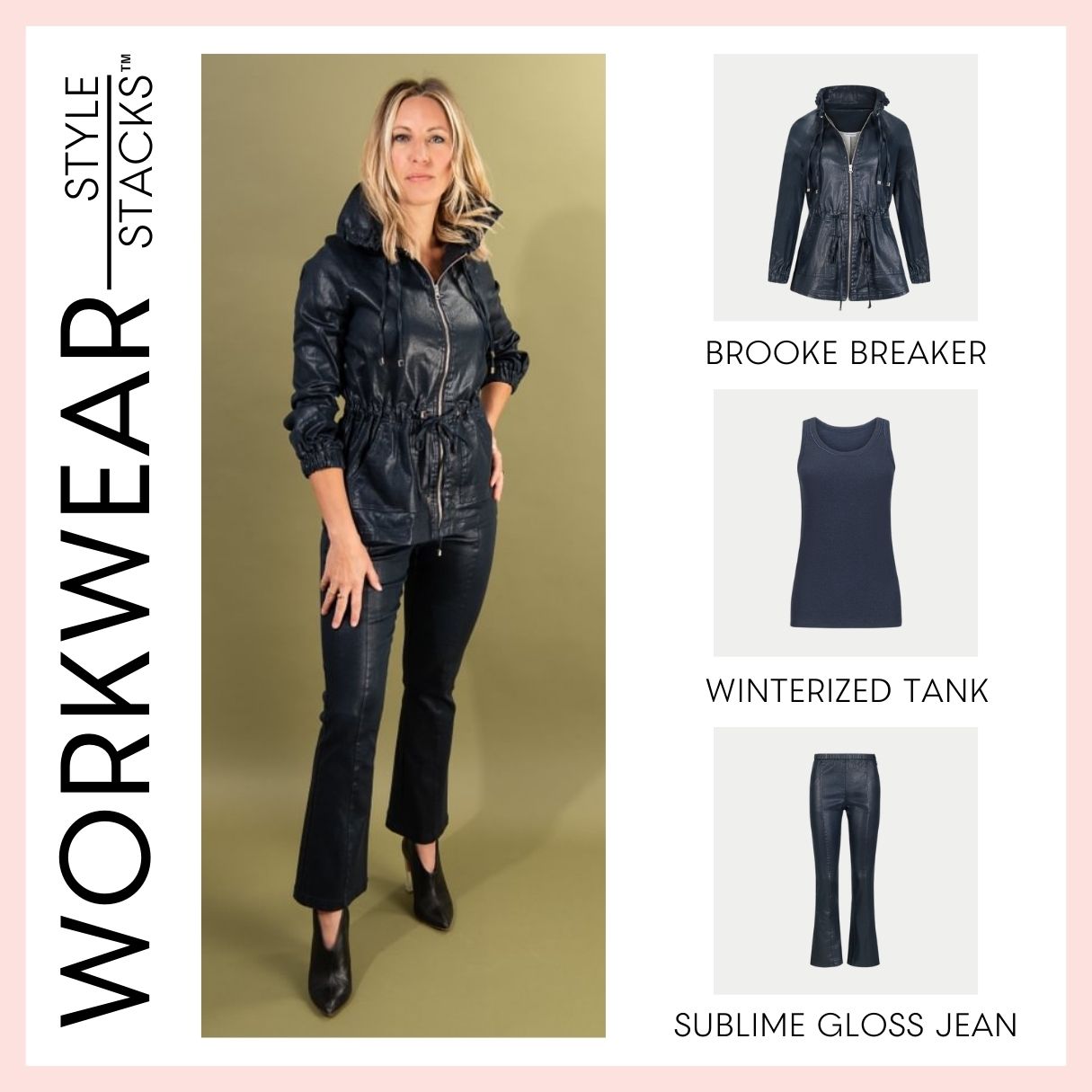 the style stacks workwear by inlarkin featuring the brooke breaker, winterized tank and sublime gloss jean
