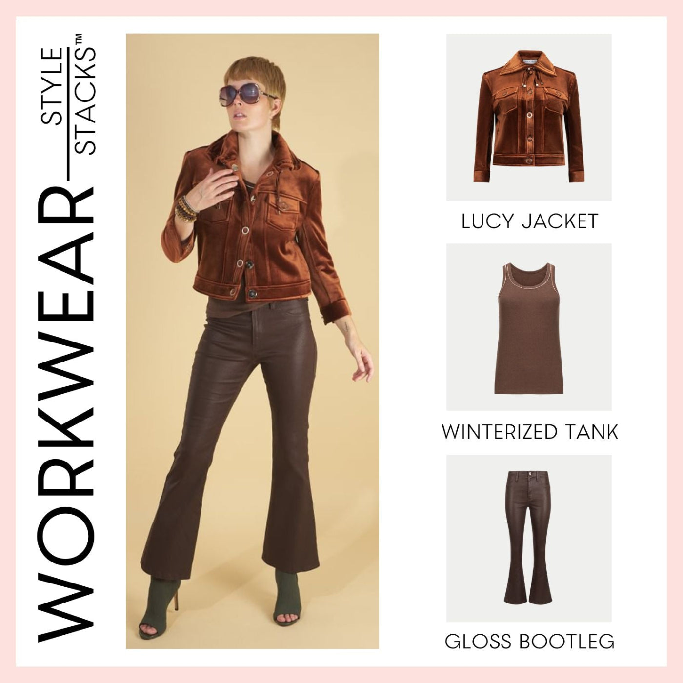 the style stacks workwear by inlarkin featuring the lucy jacket, winterized tank and gloss bootleg