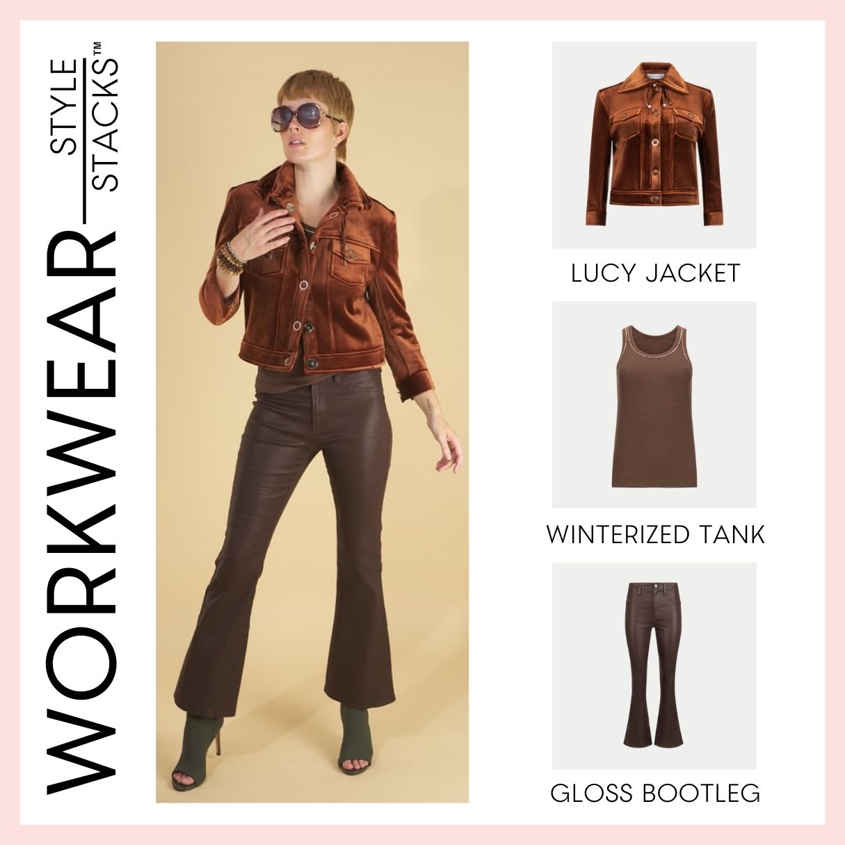 the style stacks workwear by inlarkin featuring the lucy jacket, winterized tank and gloss bootleg