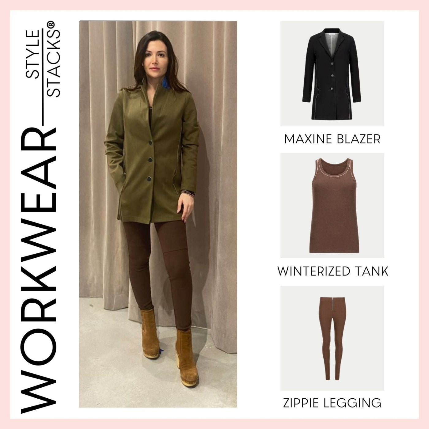 the style stacks workwear by inlarkin featuring the sy shirtdress in olive, the winterized tank in chocolate and zippie legging in chocolate