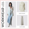 the style stacks workwear by inlarkin image showing the sarah blazer in white paired with the cody dress in white stripe