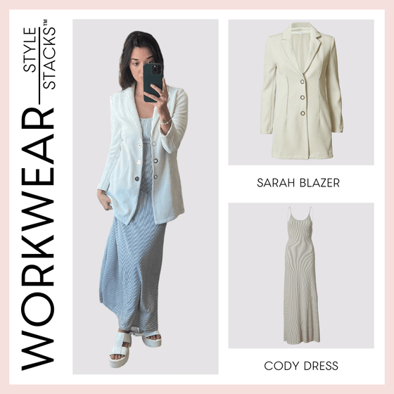 the style stacks workwear by inlarkin image showing the sarah blazer in white paired with the cody dress in white stripe