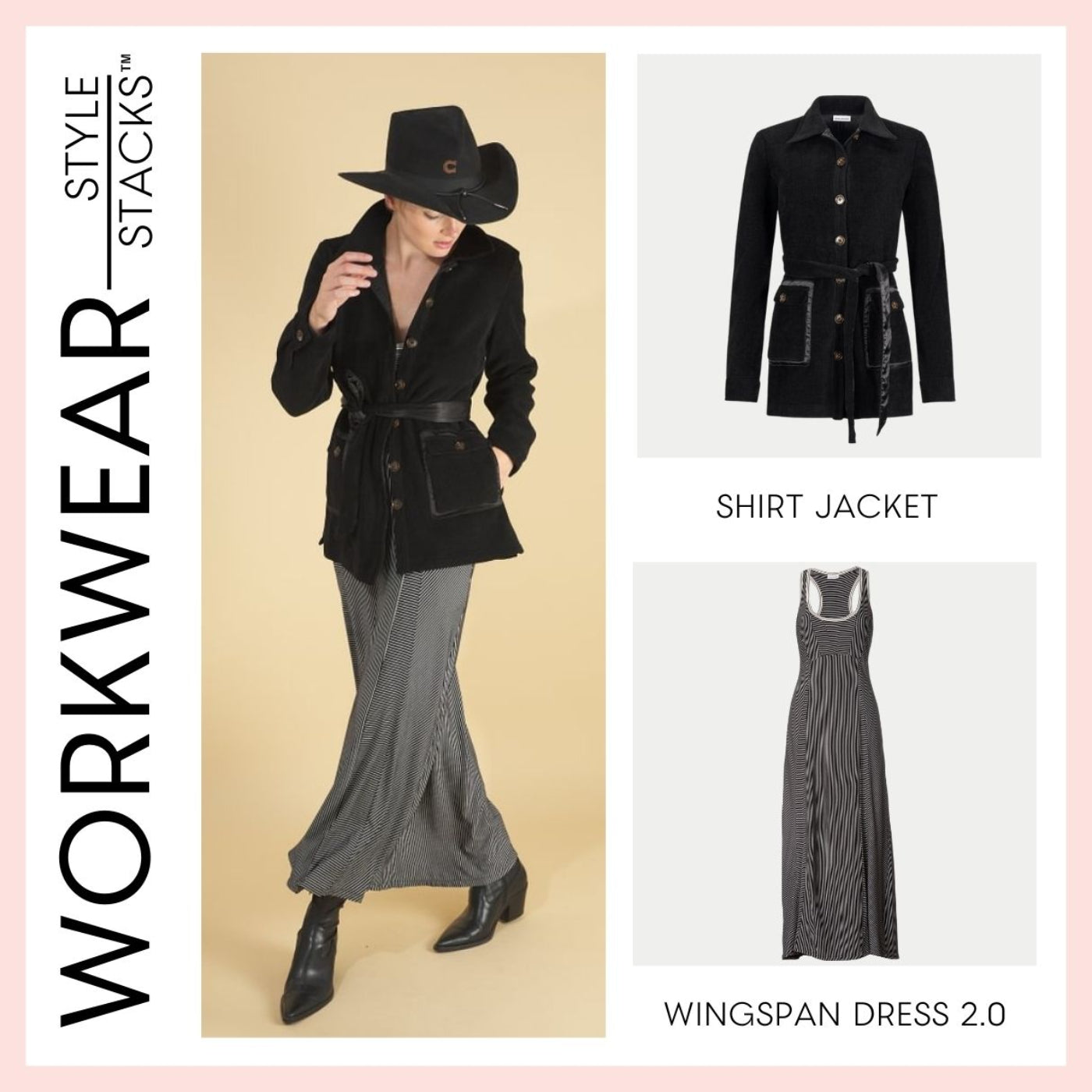 the style stacks workwear by inlarkin featuring the shirt jacket and wingspan dress 2.0