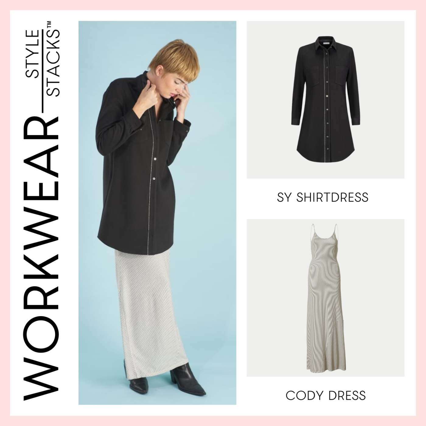 style stacks workwear image by inlarkin featuring the sy shirtdress in black and cody dress in white stripe