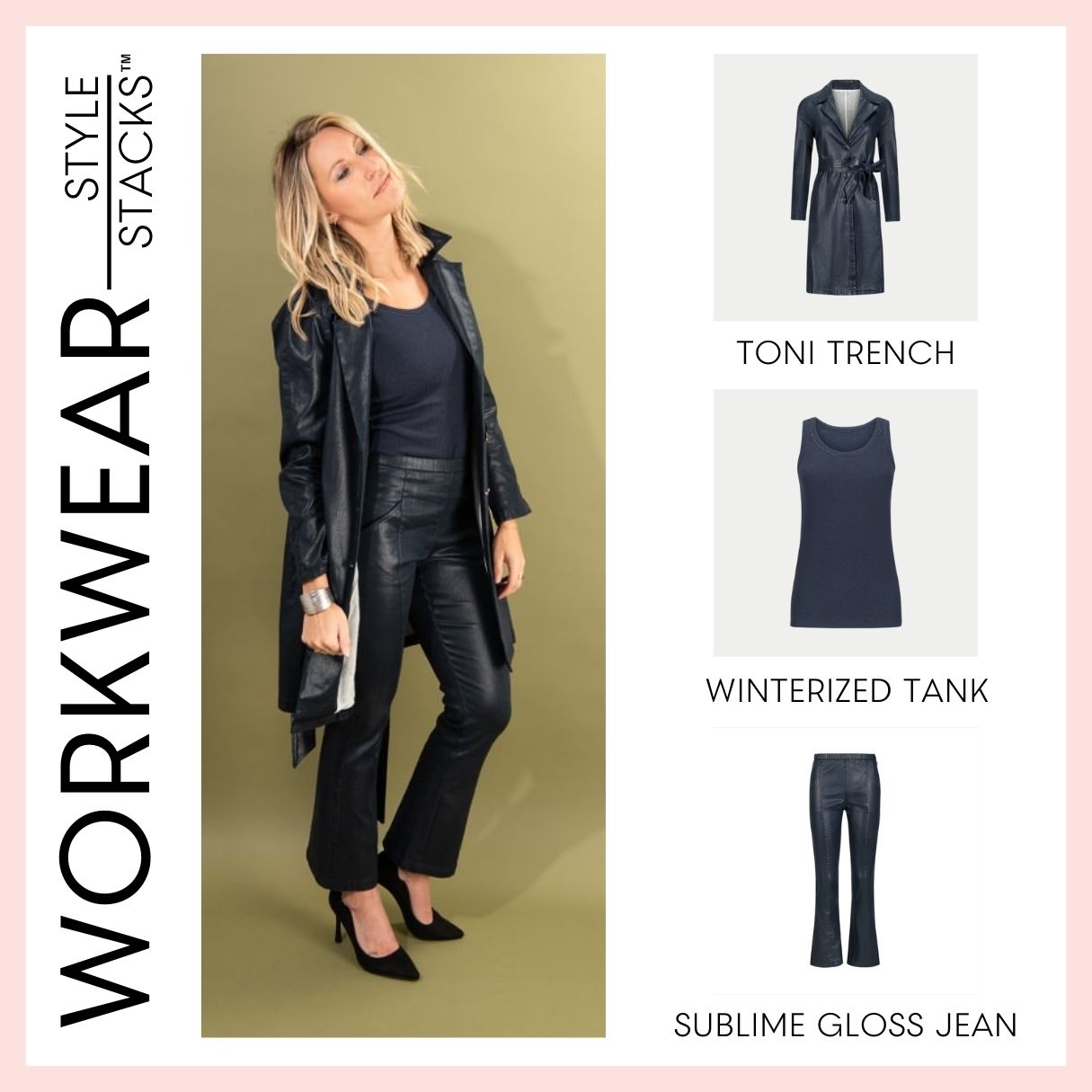 the style stacks workwear by inlarkin featuring the toni trench, winterized tank and sublime gloss jean