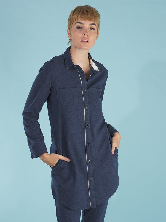 the sy shirtdress by inlarkin in indigo front detail view featuring a silver beaded chain trim, sateen facing, silver peek-a-boo buttons and new felted stretch fabric