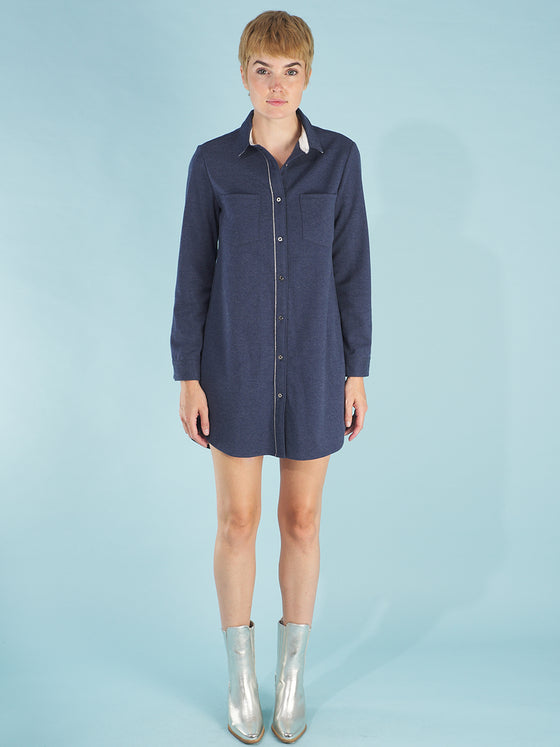 the sy shirtdress by inlarkin in indigo featuring a silver beaded chain trim, sateen facing, silver peek-a-boo buttons and new felted stretch fabric