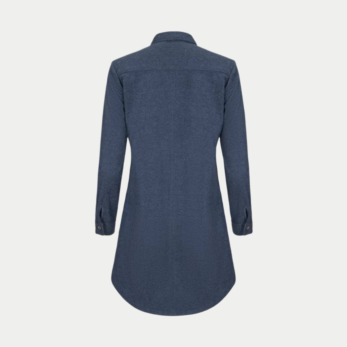 sy shirt dress in navy back view by inlarkin showing the back seam detail and buttoned cuffs