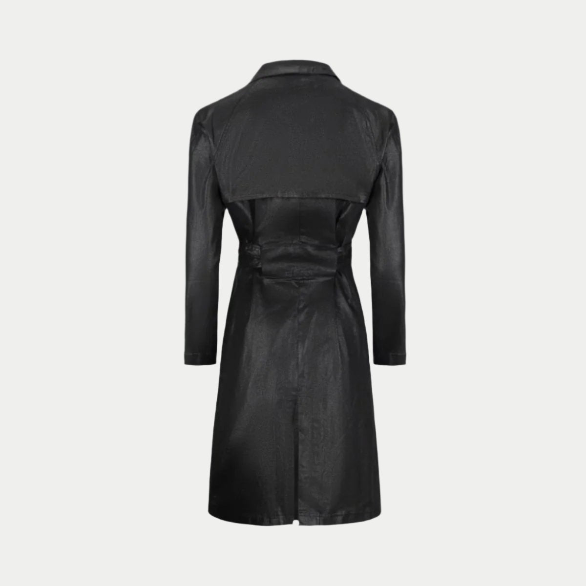 the toni trench coat in black back view showing the back vent and belted back by inlarkin