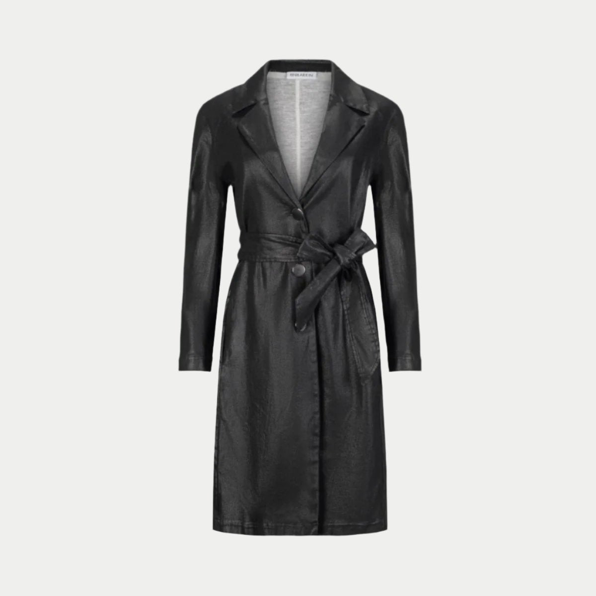 the toni trench coat in black front view showing the knotch collar and belt by inlarkin