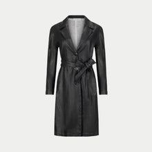  the toni trench coat in black front view showing the knotch collar and belt by inlarkin