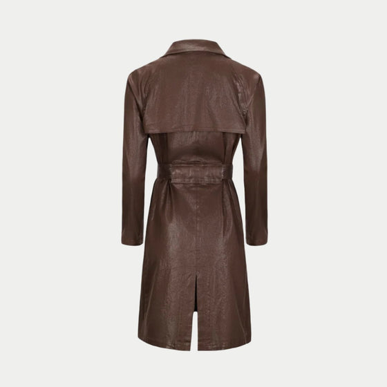 the toni trench coat in chocolate back view showing the back vent and belted back by inlarkin