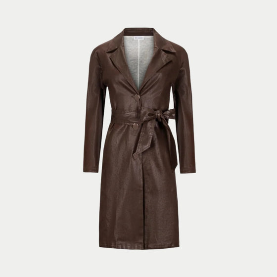 the toni trench coat in chocolate front view showing the knotch collar and belt by inlarkin