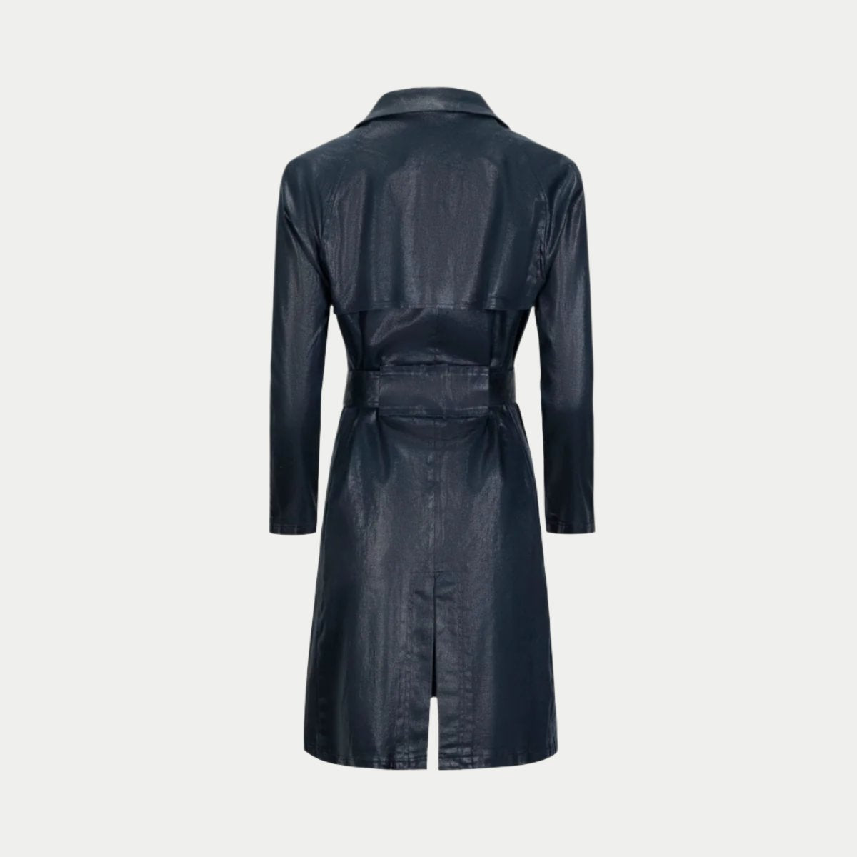 the toni trench coat in navy back view showing the back vent and belted back by inlarkin
