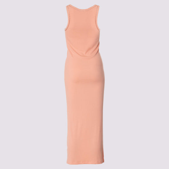 back view of the variegated tank in coral  by inlarkin showing the fitted design with sateen piping around the neckline and armhole