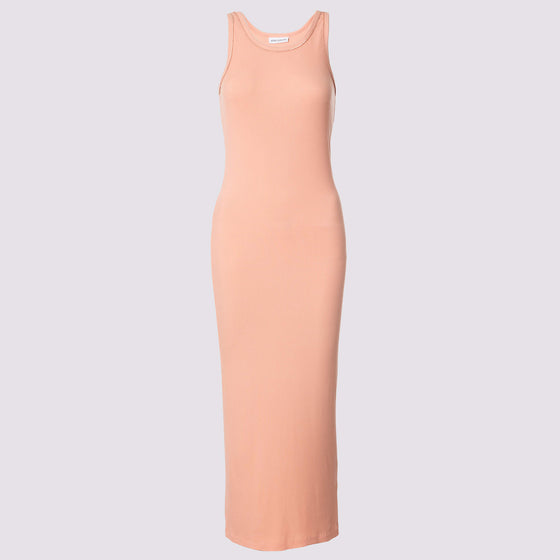 front view of the variegated tank in coral  by inlarkin showing the fitted design with sateen piping around the neckline and armhole