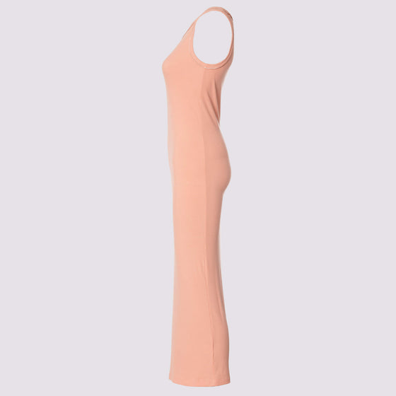 side view of the variegated tank in coral  by inlarkin showing the fitted design with sateen piping around the neckline and armhole