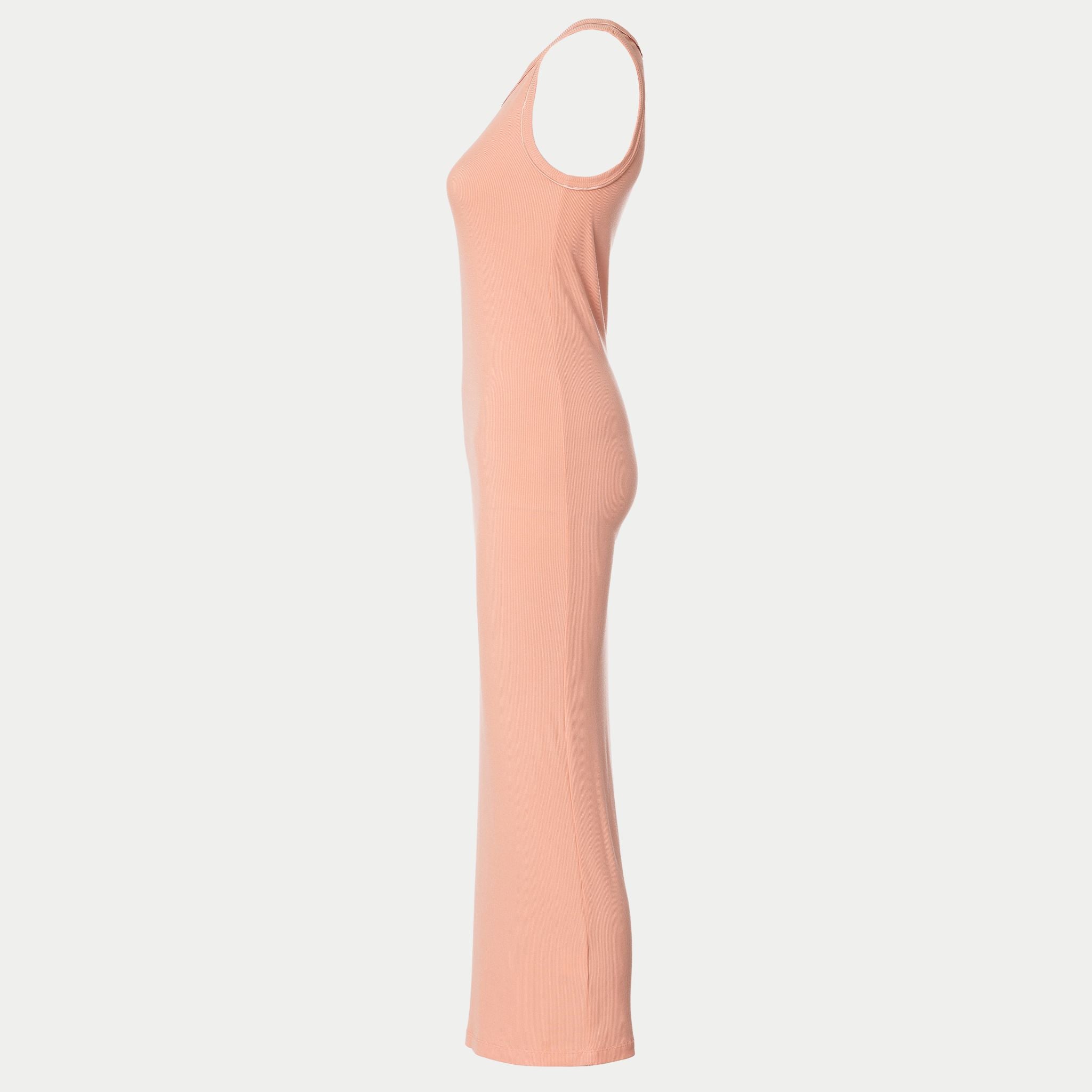 side view of the variegated tank in coral  by inlarkin showing the fitted design with sateen piping around the neckline and armhole