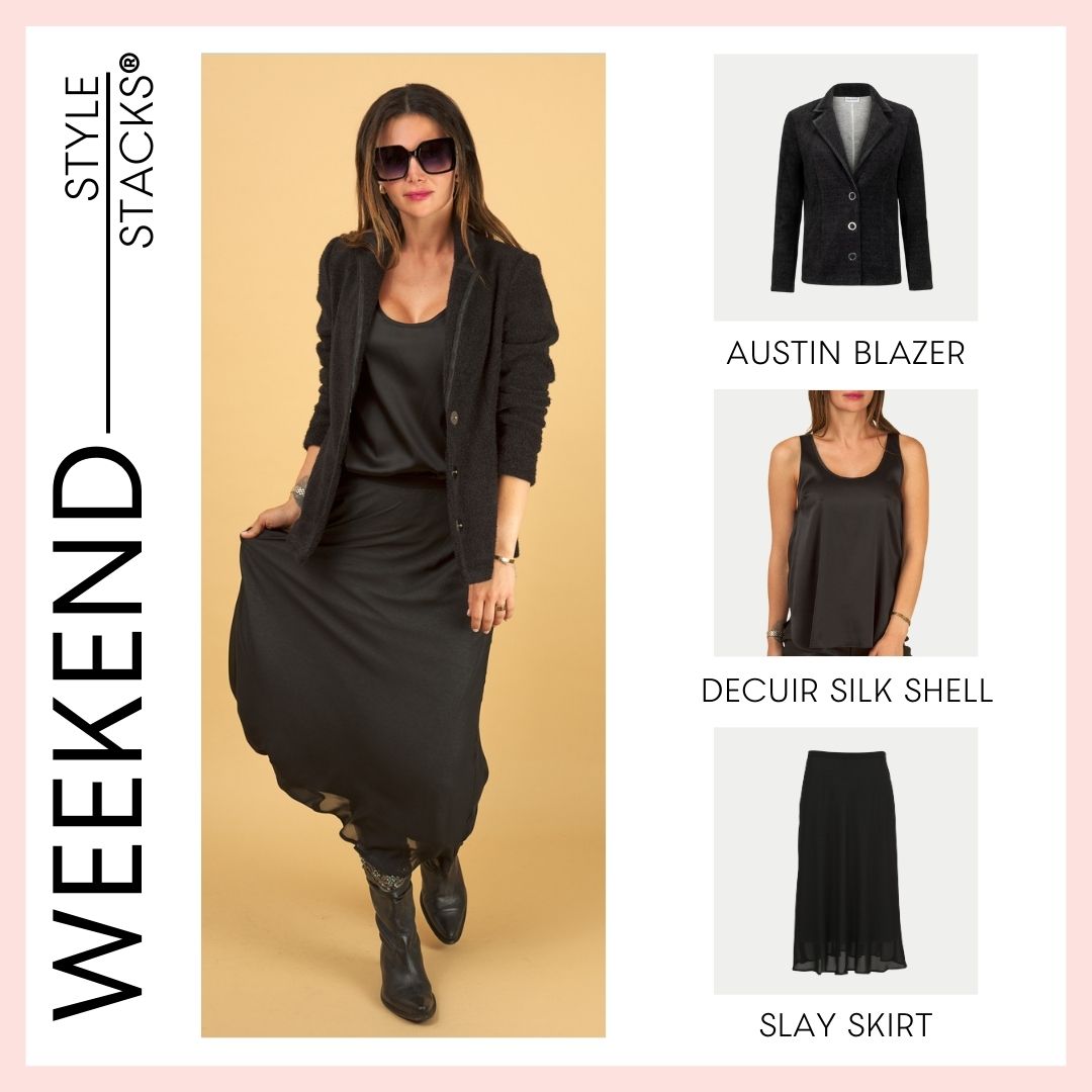 Woman in black outfit with 'Style Stacks' weekend by inlarkin branding and clothing items displayed of the austin blazer, decuir silk shell and slay skirt