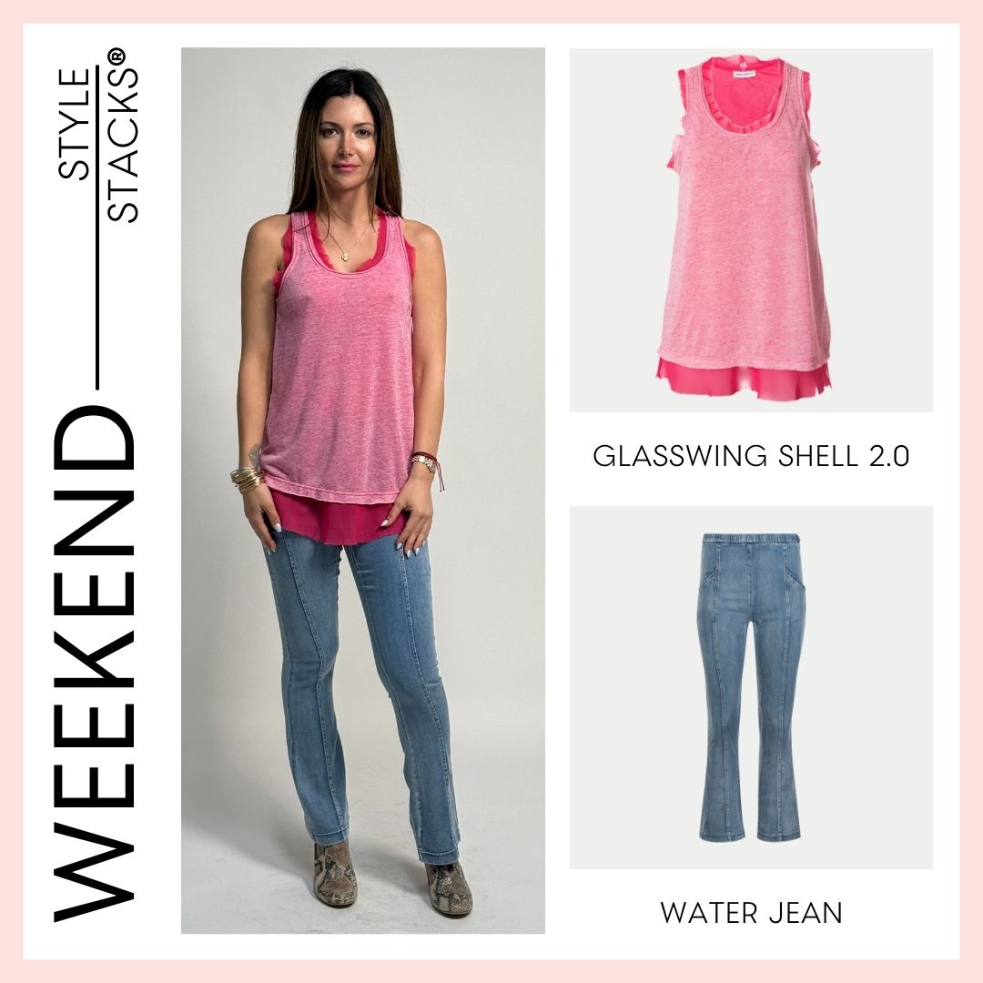 the weekend style stacks by inlarkin featuring the water jean and glasswing shell 2.0