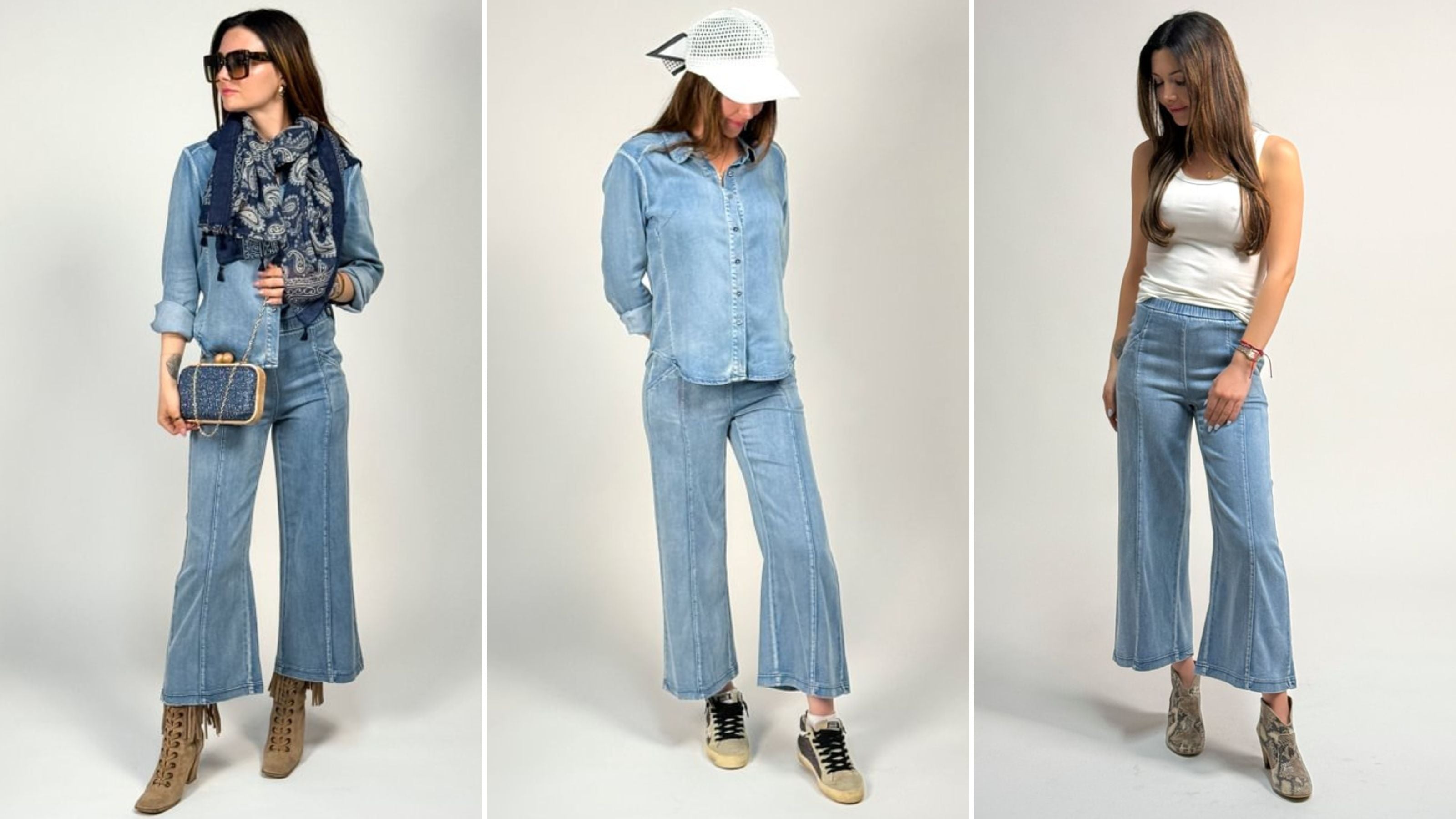 Three different outfits featuring a denim shirt and wide-leg whitley jeans by inlarkin on a plain gray background.