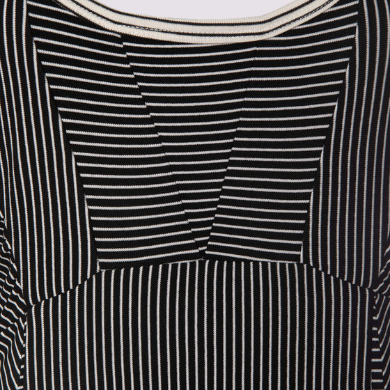 detail view of the wingspan dress 2.0 in black by inlarkin showing the directional stripe detail at the chest insert