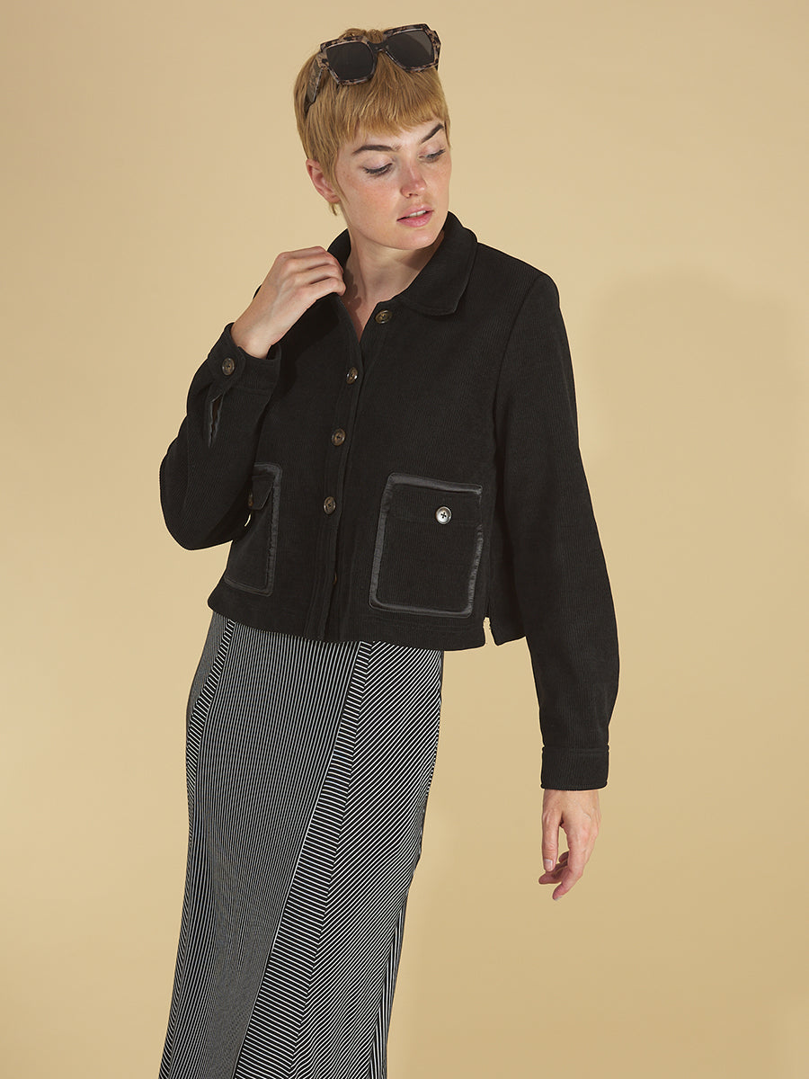 the wingspan dress 2.0 and cropped shirt jacket in black by inlarkin