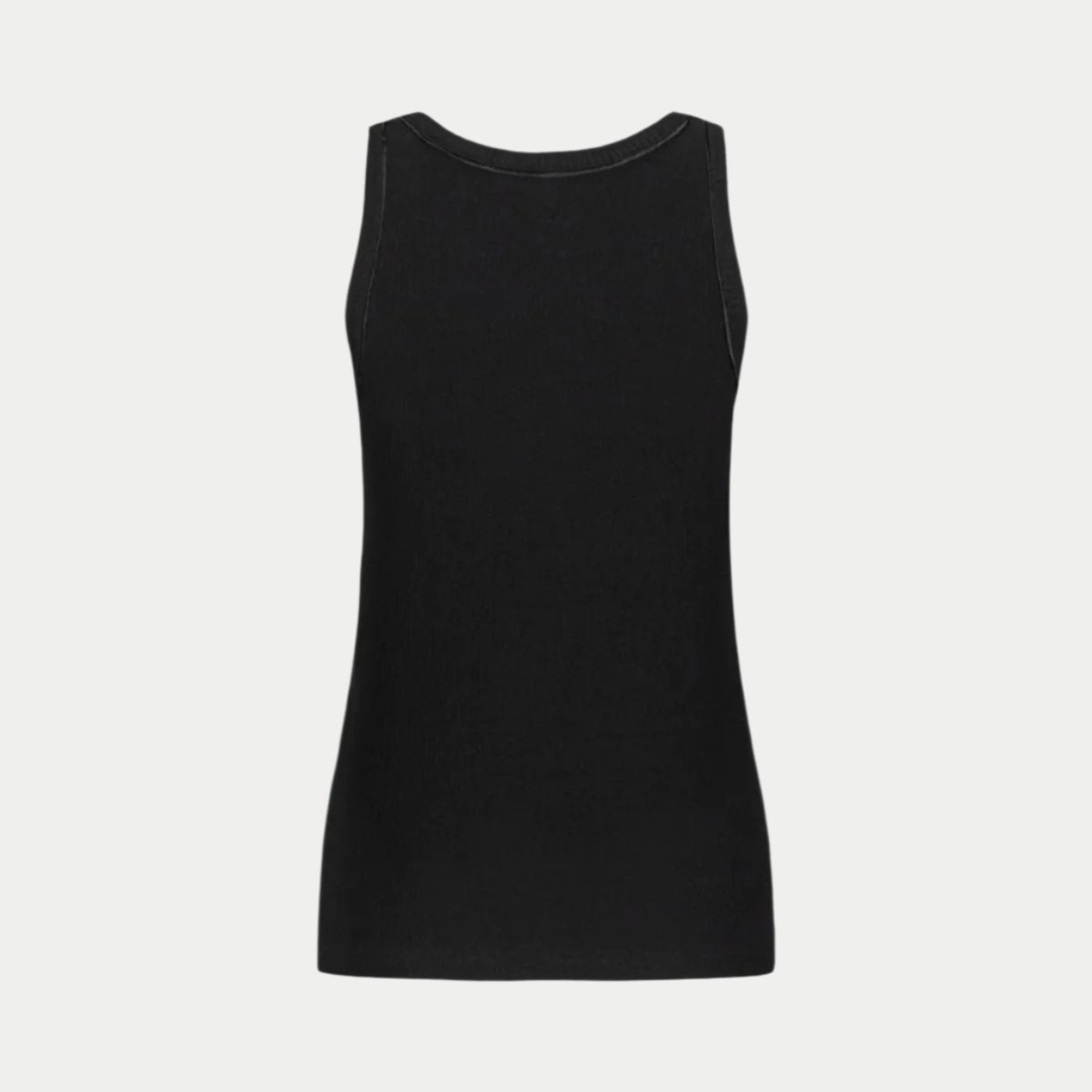 the winterized tank in black back view by inlarkin showing the detailed sateen trim at the neckline and armhole