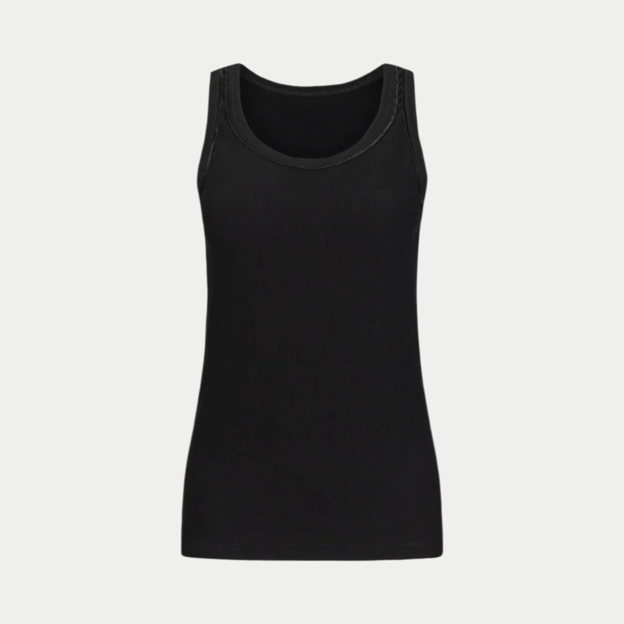 the winterized tank in black by inlarkin front view showing the detailed sateen piping at the neckline and armhole 