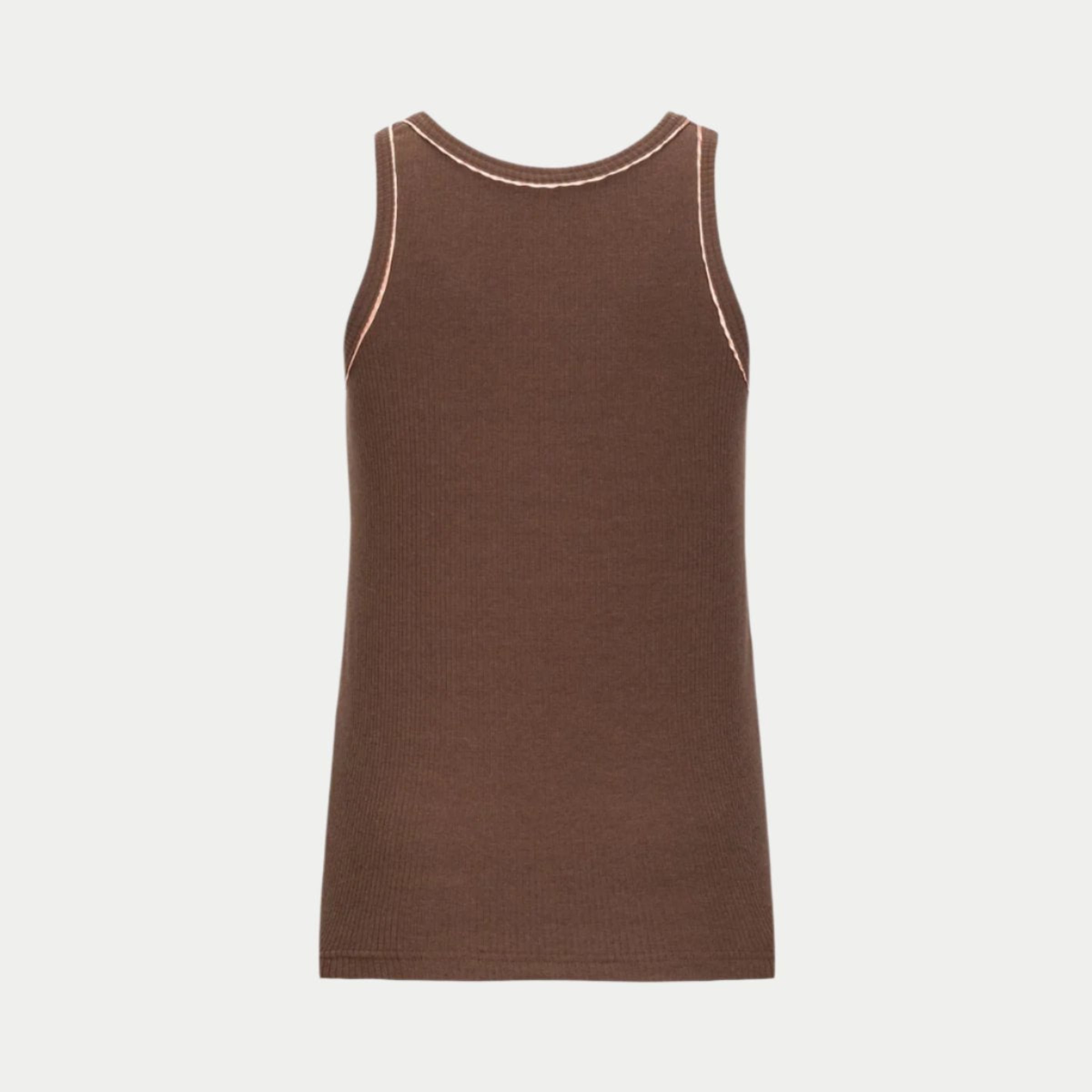 the winterized tank in chocolate  by inlarkin back view showing the sateen trim at the neckline and armhole